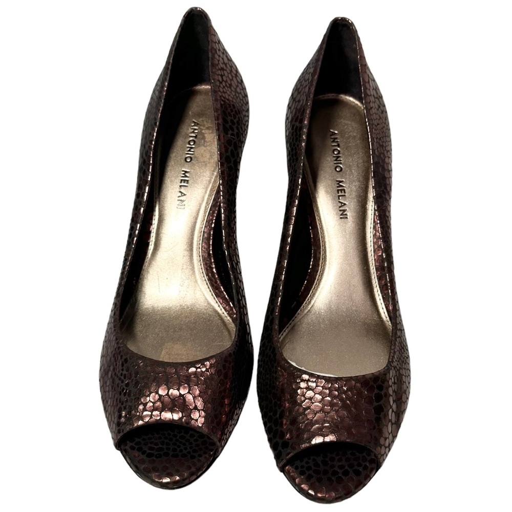 3/$10 Antonio Melani Heels 7 Copper Print Leather - Picture 3 of 11